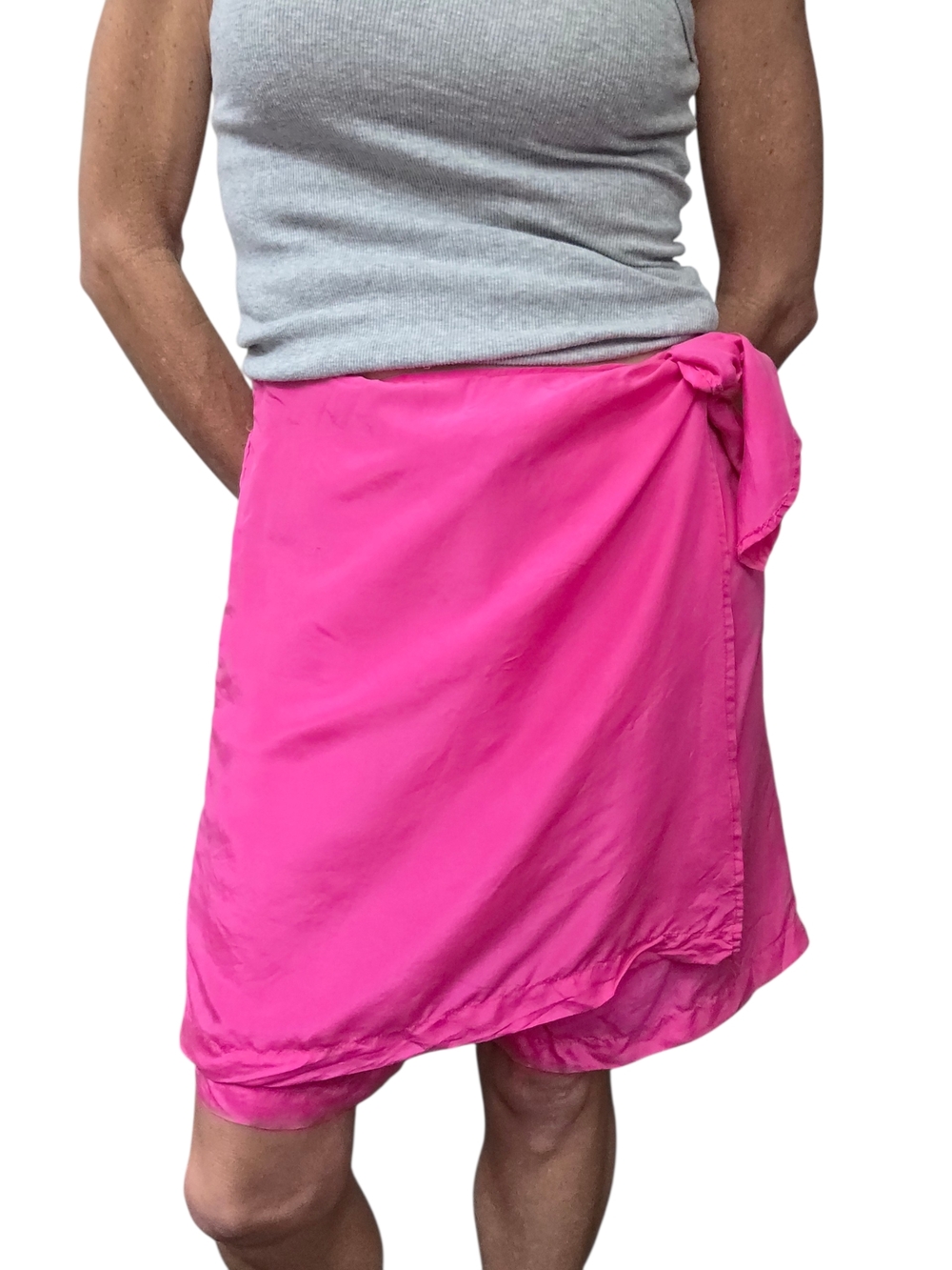 Y2K Silk Pink Wrap Skirt M Tie Waist Mini Asym Satin Look